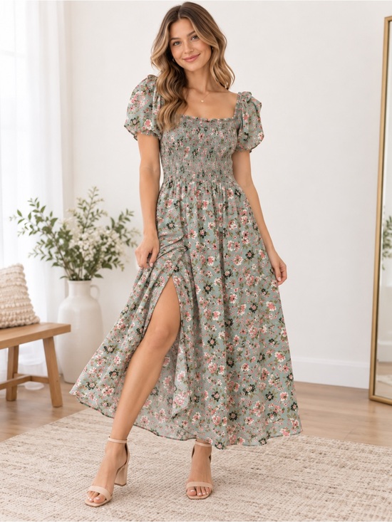 Isha's Express Dresses & Skirts - Garage Expression Sage Floral Smocked Maxi Dress – Size S